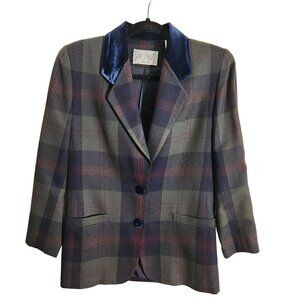 Lord & Taylor Vintage Stunning Wool Plaid Velvet Accent Blazer Size 2p